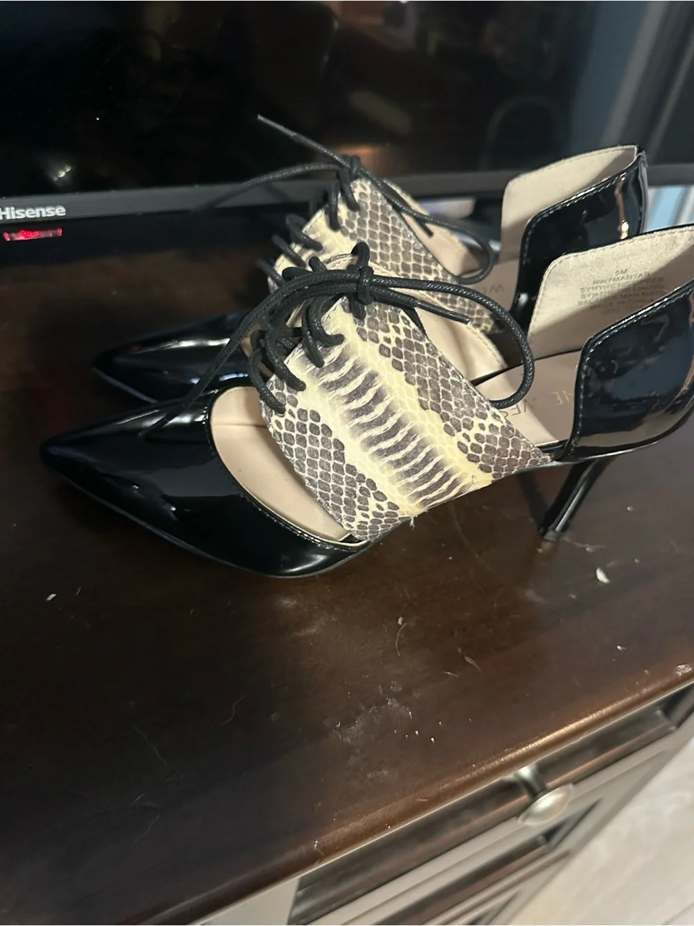 Nine West Black Patent Pointed-Toe Lace-Up Pumps with Snake-Print Panel Accent